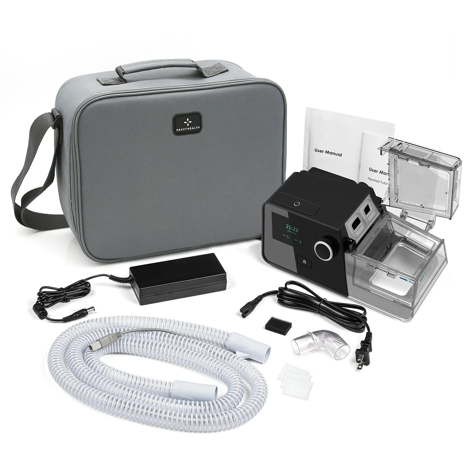React Health G3 X Auto CPAP machine package with heated tubing, humidifier chamber, power supply, filters, manuals, and carrying case